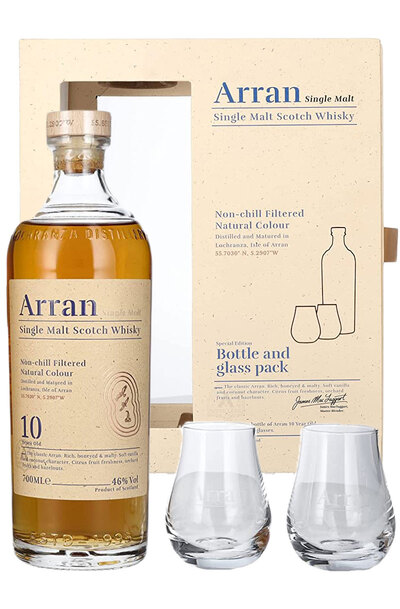 Arran 10 Years Single Malt 700ml Bottle Gift Set with 2 Glasses