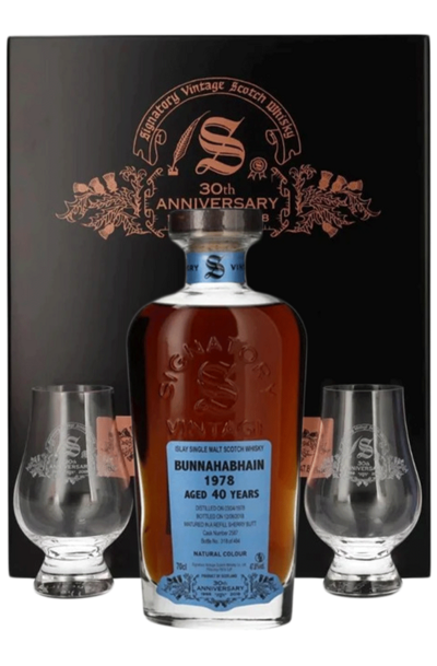 Bunnahabhain 1978 40 Years Old 30th Anniversary Signatory Vintage 700ml Bottle Giftset with 2 Glasses