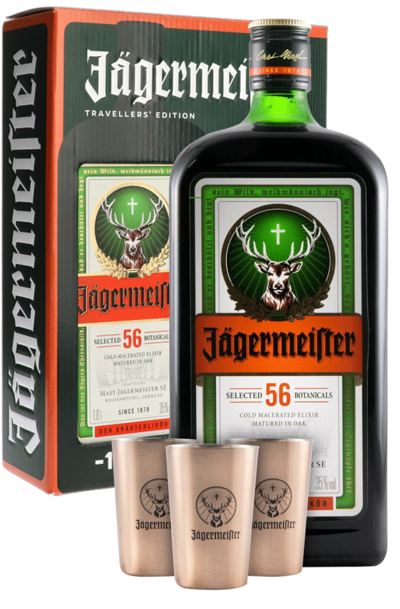 Jagermeister 1L Gift Set with 3 Metal Shot Cups