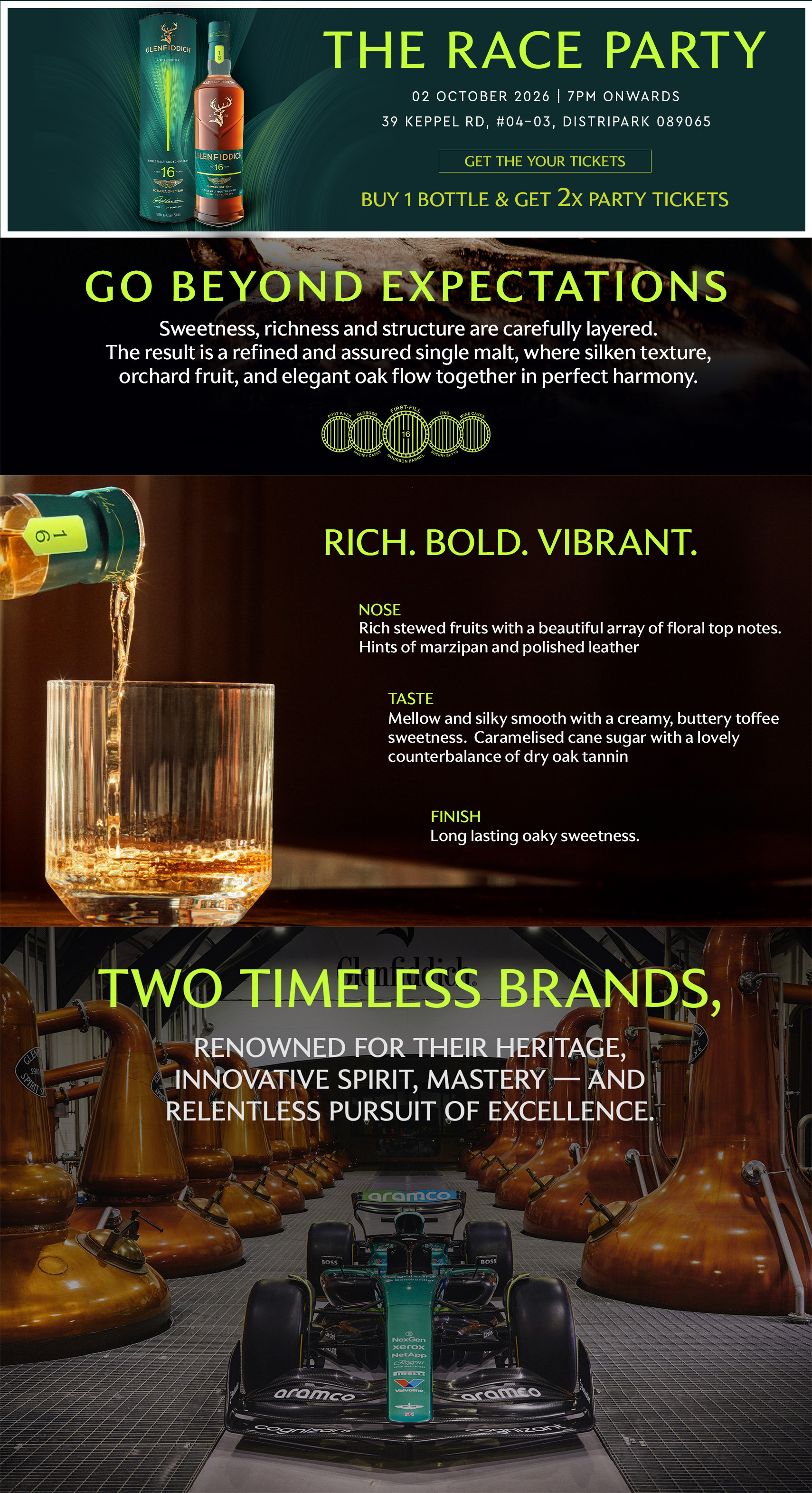 2026 Glenfiddich 16 Aston Martin The Race Party 02 October 2026 | 7PM Onwards | 37 Keppel Rd, #04-03, Distripark 089065