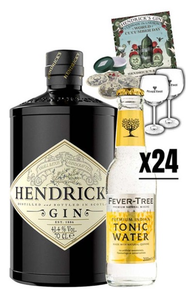 Hendricks 1L Bottle with Fever Tree Indian Tonic 24 bottles set, with Hendricks recipe card & coasters & Fever Tree Copa Glasses