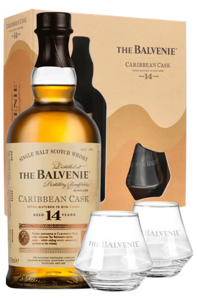 Balvenie 14 Years Caribbean Cask Single Malt 700ml Bottle Gift Pack with 2 Glasses