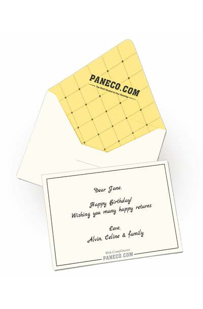 Gift card message

Text example: "Dear Jane, Happy Birthday! Wishing you many happy returns - Love, Alvin, Celine & family" - With compliments, Paneco.com