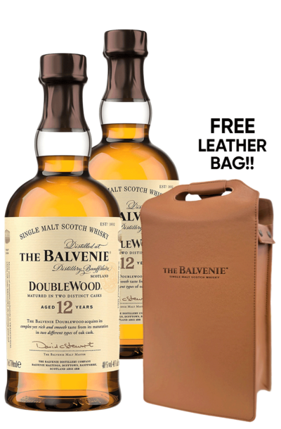 2x Balvenie 12 Year Double Wood Single Malt 700ml w/ Leather Bag