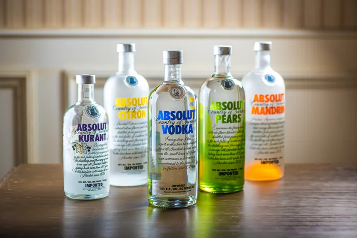Various Absolut Vodka bottles: Kurant, Citron, Vodka, Pears, Mandarin