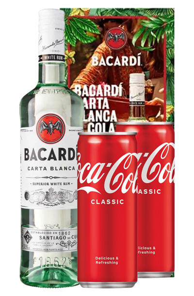 Bacardi Carta Blanca 700ml Bottle with 2 Cola Can Kit