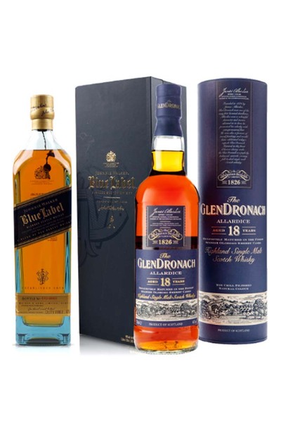Johnnie Walker Blue 1L w/Gift Box and Glendronach Allardice 18 Year 700ml w/Gift Box