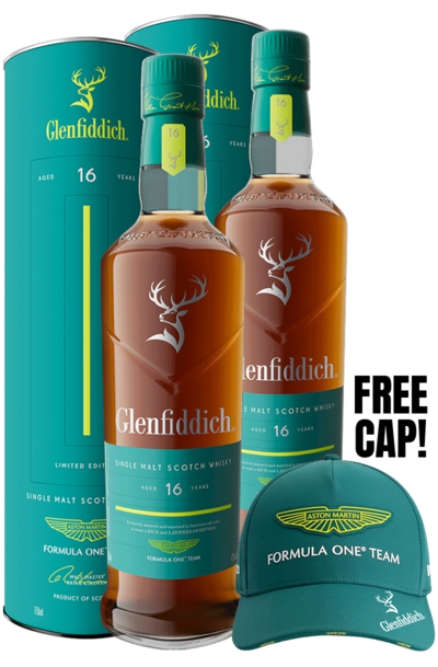 2x Glenfiddich 16 Year Aston Martin Formula One Edition Single Malt 700ml w/Gift Box & Free Aston Martin F1 Cap