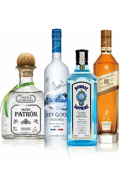 Alcohol party bundle including vodka, whisky, gin and tequila.