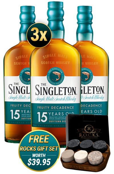 3 x The Singleton of Dufftown 15 Years 700ml w/ ROCKS Whisky Stones Gift Set