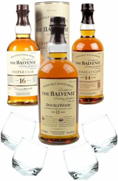 Balvenie 16 Year Triple Cask Balvenie 14 Year Caribbean Cask w/Gift Box Balvenie 12 Year Double Wood w/Gift Box 4 x Rocking Whisky Glasses