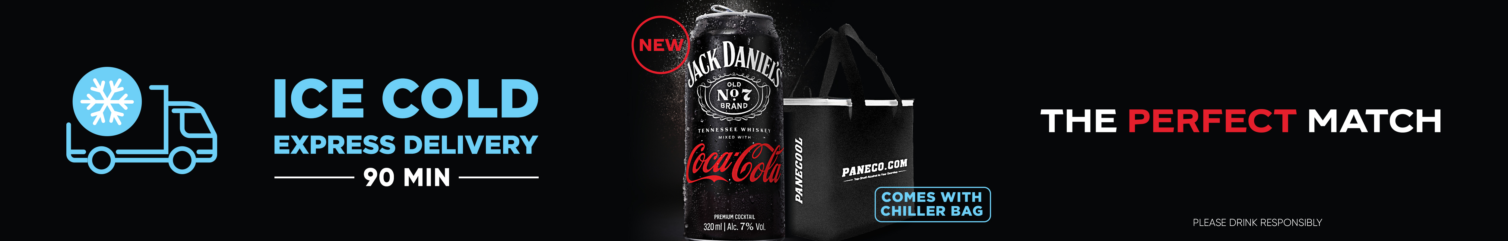 Ice cold express delivery 90 min: Jack Daniels Coca Cola with chiller bag - The Perfect Match